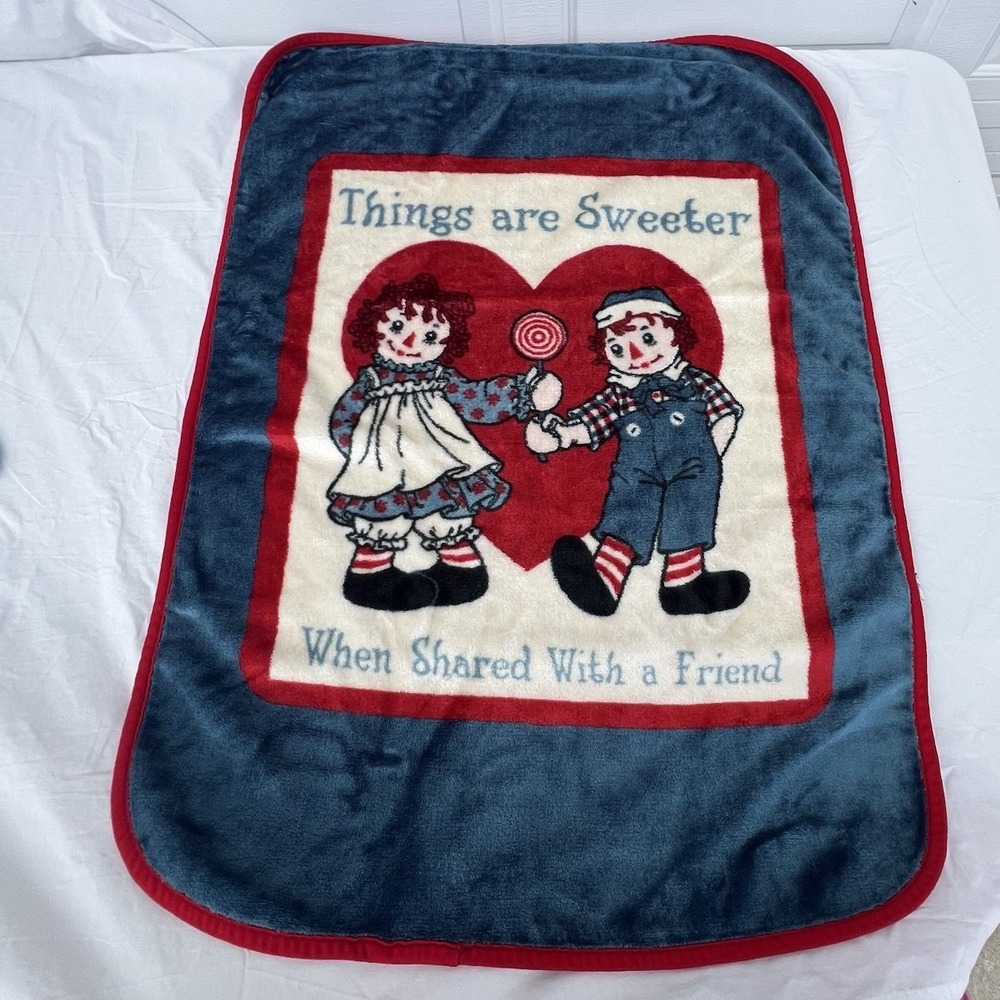 Vintage Raggedy Ann And Andy Throw Blanket 30" X 43" Red Blue Retro Cottagecore